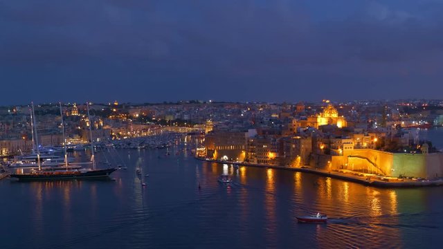 Grand Harbour at night in Malta, Senglea and Birgu cities