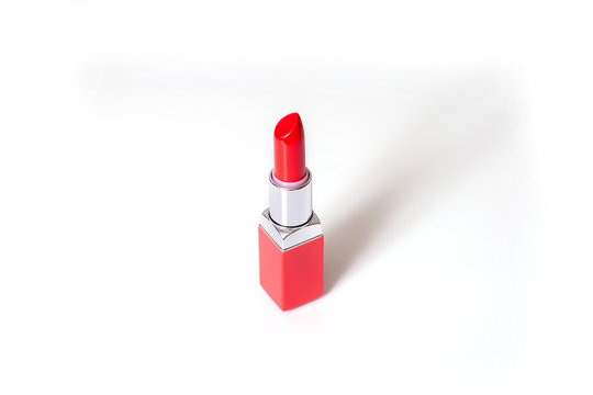 bright red lipstick on white background