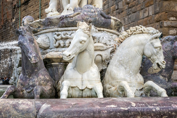 Fototapeta na wymiar FLORENCE, TUSCANY/ITALY - OCTOBER 19 : Detail from the Fountain of Neptune statue Piazza della Signoria in front of the Palazzo Vecchio Florence on October 19, 2019