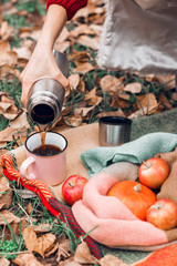 Autumn picnic in the park with tea, apples and pumpkin on warm blanket in yellow autumn leaves.
