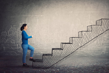 Motivated and confident young woman hurry to climb a imaginative staircase. Concept of career development, success and goal achievement. Casual girl rush, making a big step.