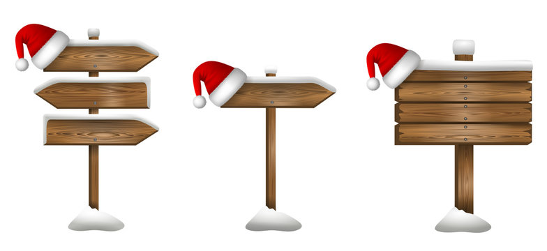 set christmas wooden sign with santa claus hat and snow