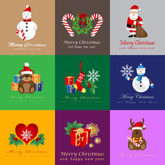 Christmas Icons And Elements Set - Isolated On Mosaic Background - Vector Illustration. Collection Of Flat Xmas Icons For Label,Sticker, Christmas Tree Icon And Logo. Modern Merry Christmas Typography