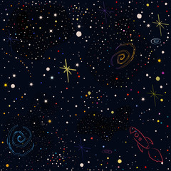 Obraz na płótnie Canvas Cosmic Pattern with stars, planets, Moon, rocket, spiral galaxies and constellations in color