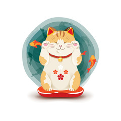 Maneki neko with koi fish background. Japanese symbol of good luck