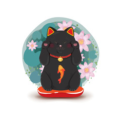 Maneki neko with lotus background. Japanese symbol of good luck