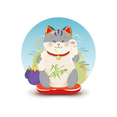 Maneki neko eggplantes. Japanese symbol of good luck