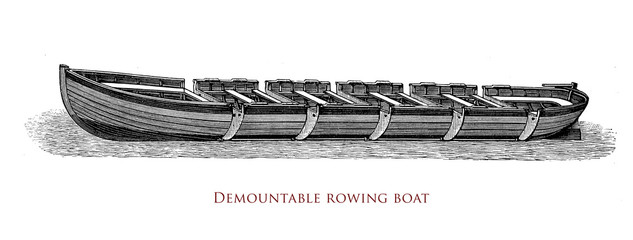 Design of a demountable wooden rowing boat with thwarts placed crosswise to give strength to the structure used also as seat for  rowers © acrogame