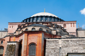 Fototapeta na wymiar Istanbul, Turkey: details of Hagia Sophia, the famous former Greek Orthodox Christian patriarchal cathedral, later Ottoman imperial mosque, now a museum, the epitome of Byzantine architecture