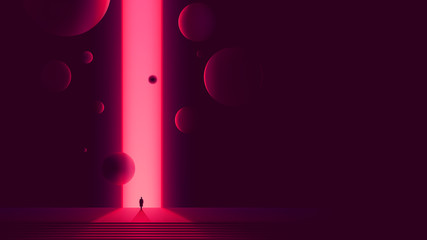Human figure in front of portal to another dimension, space gate with a bright pink glow and flying balls, futuristic abstraction - obrazy, fototapety, plakaty