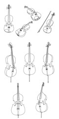 Classic violin, alt, cello, double bass and bow vector isolated on white background, different angles