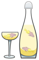 Royal gramma fishes inside of bottle and glass of champagne