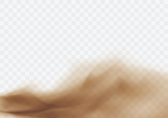 Desert sandstorm, brown dusty cloud or dry sand flying with gust of wind, brown smoke realistic texture with small particles or grains vector illustration isolated on transparent background © klyaksun