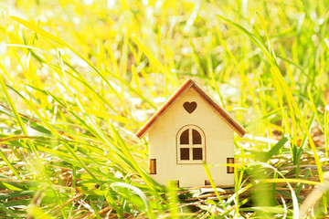 Miniature figurine of a wooden house on green grass. Sun rays...