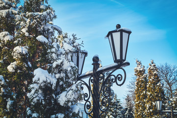 View of the snow-covered winter Park with a lantern