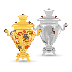Set of russian traditional samovars. Ornamental and iron kind