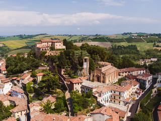 Drone aerial view of the parish church of Ozzano Monferrato
