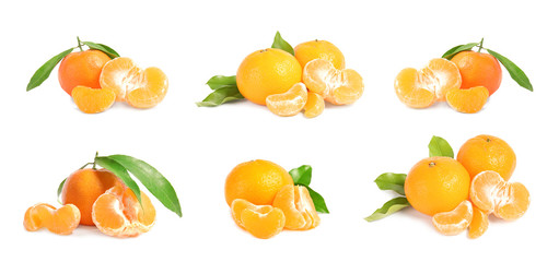 Set of fresh ripe tangerines on white background
