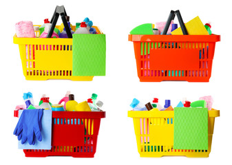 Set of shopping baskets with different household chemicals on white background