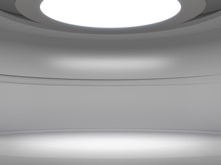 Pedestal for display in empty white room with lights from above, Future background.3D rendering