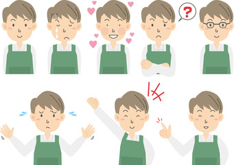 若いエプロン姿の男性表情セット