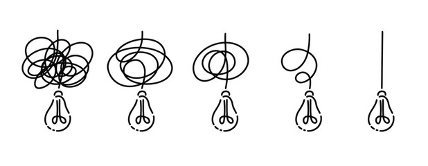 Simplifying the complex, confusion clarity or path. Vector idea concept with lightbulbs doodle illustration