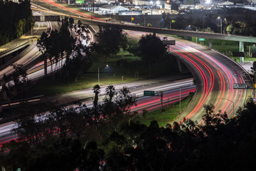 Night view of traffic on the route 5 and 134 freeway interchange bridges near Los Angeles in downtown Glendale, California.