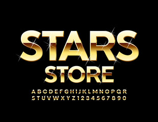 Vector chic emblem Stars Store with modern Gold Font. Sparkling Alphabet Letters and Numbers