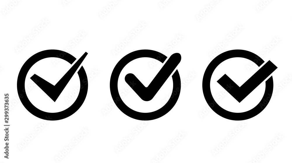 Poster three black vector check mark icons in circles and squares. check mark icons. collection black check