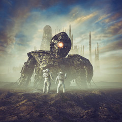 Ancient guardian awakens / 3D illustration of science fiction scene showing astronauts finding giant robot in the desert outside ancient city © grandeduc