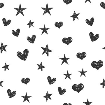 Heart and star doodles seamless pattern. Texture with hand drawn hearts and stars.