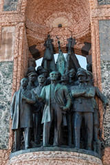Fototapeta na wymiar Istanbul, Turkey: details of the bronze figures of the Republic Monument made by Italian Pietro Canonica, realised in 1928 in Taksim Square to commemorate the formation of the Turkish Republic in 1923