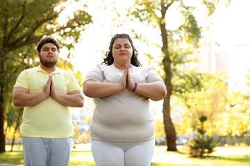 Overweight couple training together in park on sunny day