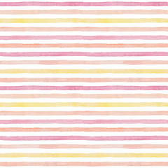 Watercolor hand drawn seamless pattern with abstract stripes in nude warm peach  palette isolated on white background. Summer sunny design in pink yellow, orange colors for wallpaper, fabric, wrapping