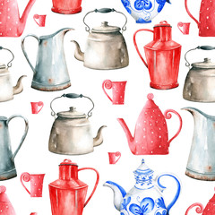 Seamless pattern with watercolor dishes, teapots and jugs painted on a white background.