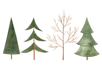 Cute winter trees set. Watercolor hand draw abstract fir trees and bare tree silhouette  isolated on white background