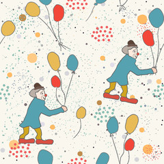 Hand Drawn Seamless Pattern with clown and balloons.