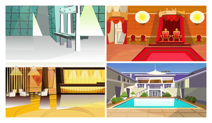 Hotel spaces vector illustration set