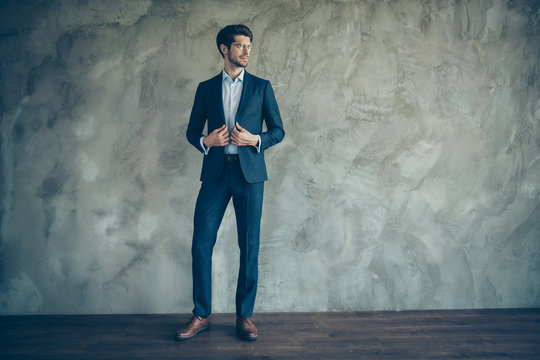 Full length body size photo of confident smart clever coach waiting for his students to come wearing shoes with stubble isolated grey color background