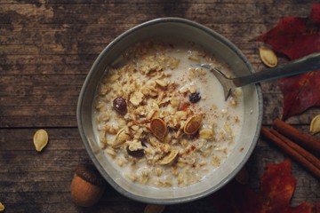 Pumpkin spice Oatmeal in a bowl, selective focus