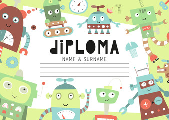 Diploma template for kids, certificate background with hand drawn cute robots for school, preschool, kindergarten or preschool. Vector illustration. Place for text.