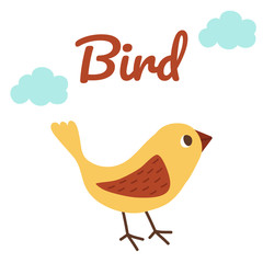 Cute yellow bird and clouds.Hand drawn illustration.  Good for kids decor.