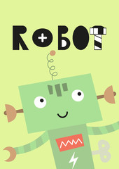 Fototapeta na wymiar Colorful poster for nursery scandi design with cute robot in Scandinavian style. Vector Illustration. Kids illustration for baby t-shirts, greeting card, wrapping paper. Lettering Robot.