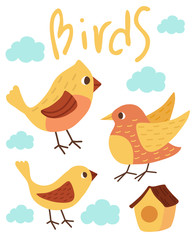 Set of cute birds. Yellow and pink birds. Hand draw characters.The inscription Birds. Hand drawn illustration.