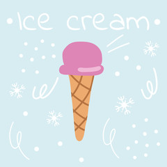 Pink ice cream on a background with snowflakes.Dessert illustration.Hand drawn illustration.Blue background