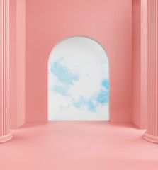 3d rendering of pastel walkway ,pink  color background and blue sky behind the door copy space