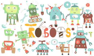 Set of cute robot and transformer characters isolated on white background. Robotics for kids. Vector illustration. Lettering robots.