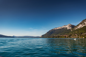 Plakat Lake Annecy, perialpine lake in Haute-Savoie, France.