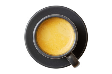 Closeup dark cup of coffee espresso isolated on white. Top view.