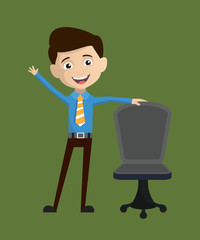 Salesman Employee - Standing with Chair and Gesturing with Hand